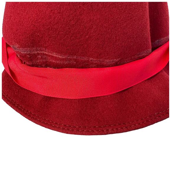 VTG Junior Seasons Wool Cloche Hat with Gold Kramer Leaf Brooch | Red | S/M - Picture 6 of 6